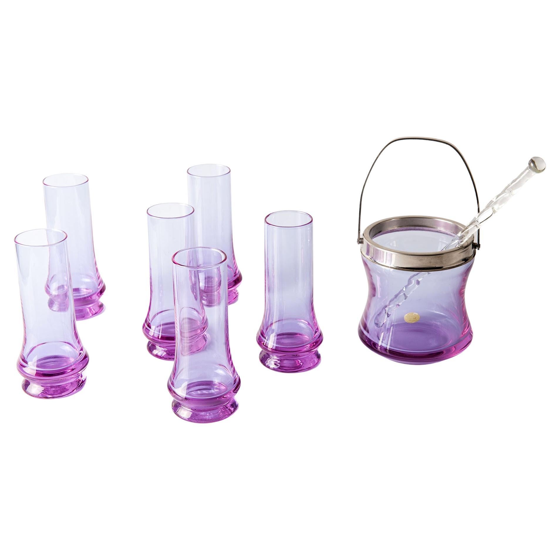 Cocktail Glass Set- Ice Bucket, Stirrer, 6 Glasses by Cristallerie Si.An., Italy For Sale