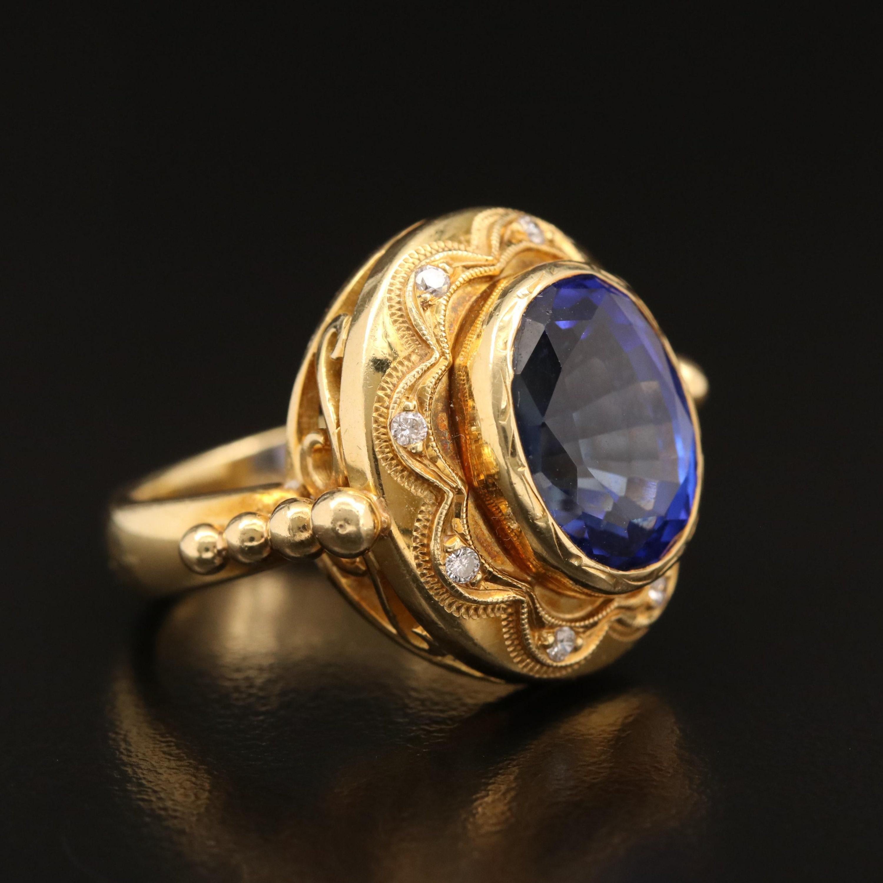 For Sale:  7.9 Carat Tanzanite Diamond Engagement Ring Diamond Yellow Gold Cocktail Ring 3