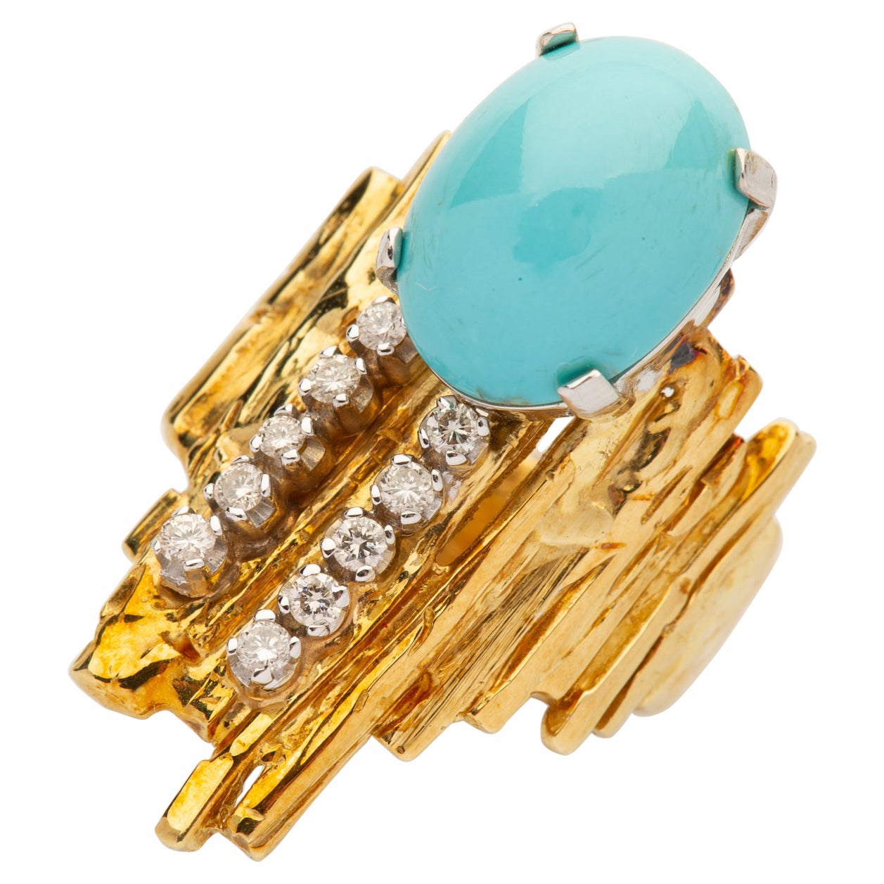 Anello Cocktail Italiano con Turchese Cabochon e Diamanti in vendita