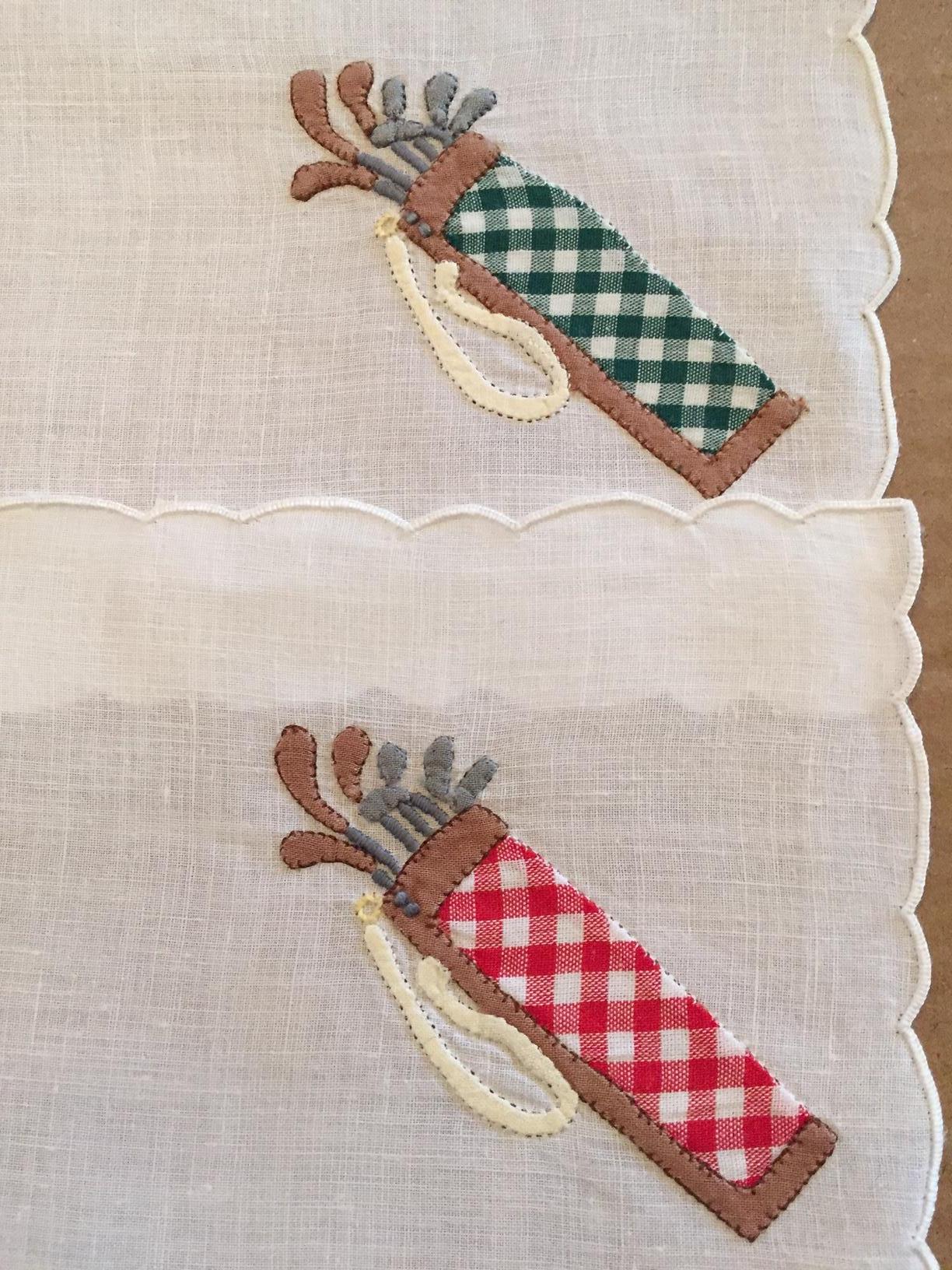 A fun set of eight linen cocktail napkins with appliqued and embroidered golf bags is just perfect for your own 
