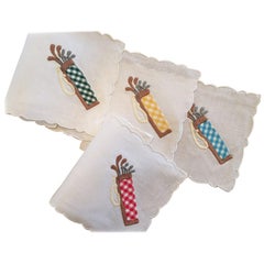 Vintage Cocktail Napkins Appliqued Golf Theme Set of Eight