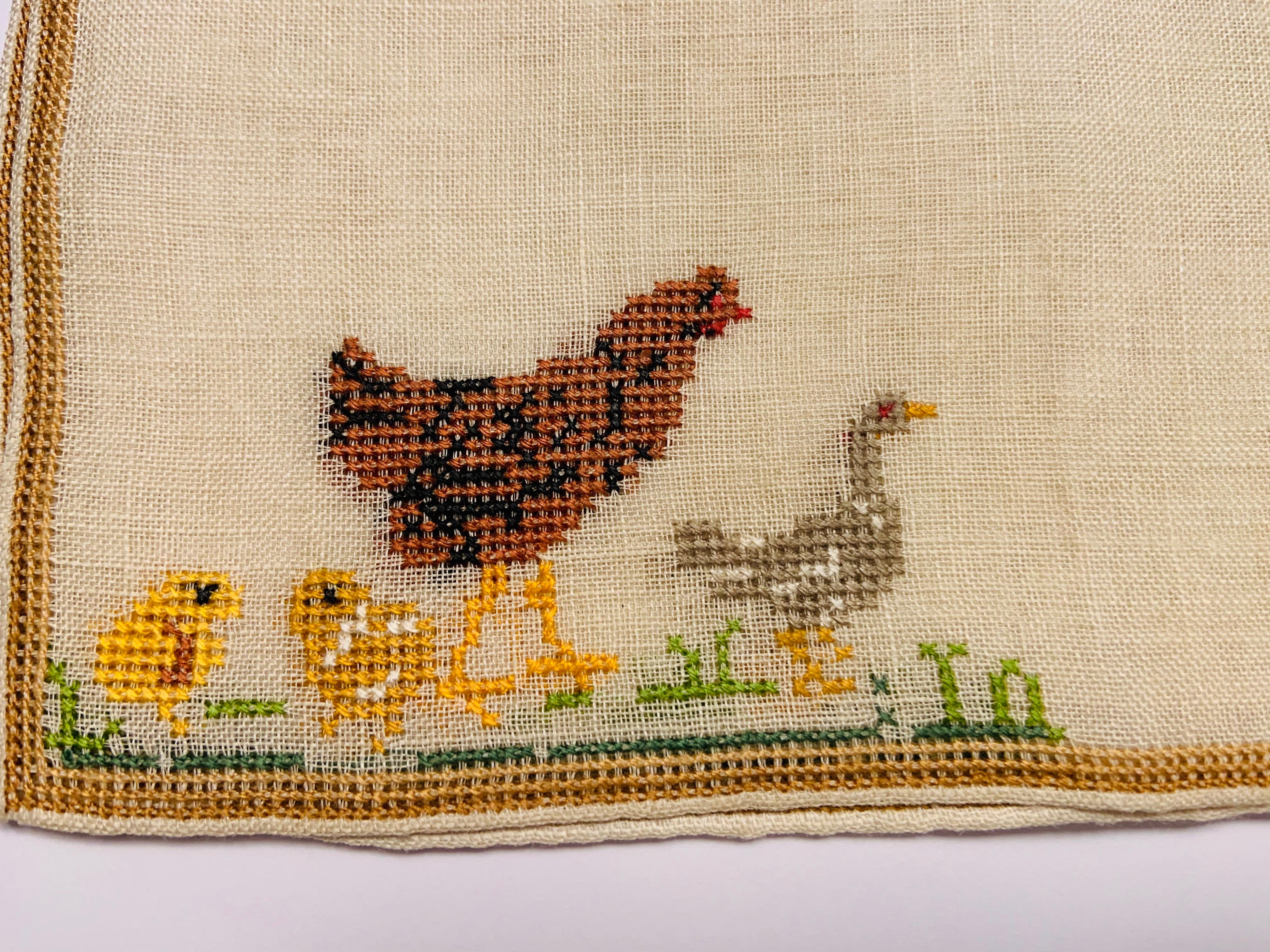 These cocktail napkins are an unusual design for the Rooster, the party animal or mascot of Cocktail napkins, seen here with his family. Three are the entire family and three are just the chicks. They are hand done on a natural linen background and