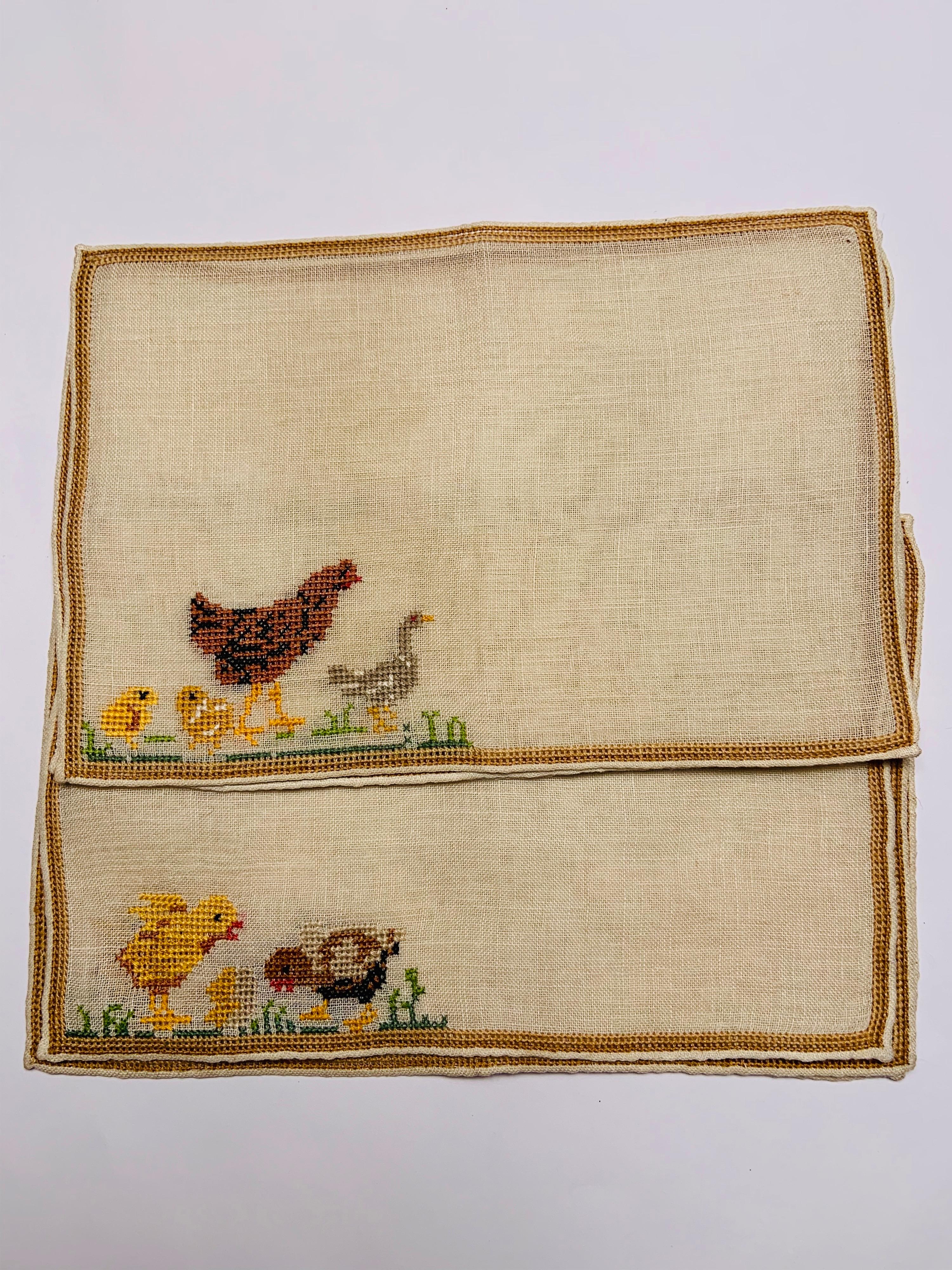 Cocktail Napkins with Hand Embroidered Rooster, Hen and Chick Motif, Set of Six 1