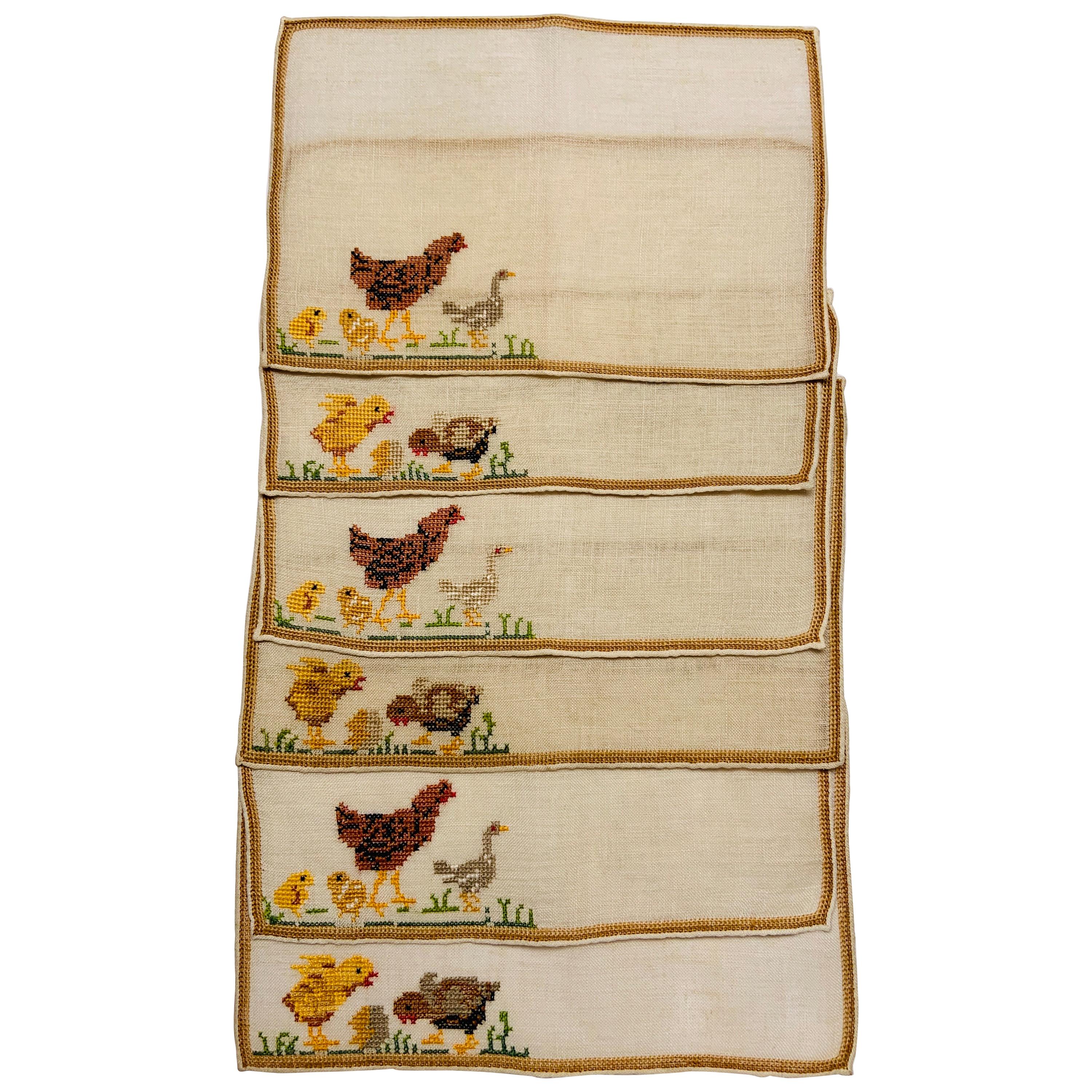 Cocktail Napkins with Hand Embroidered Rooster, Hen and Chick Motif, Set of Six