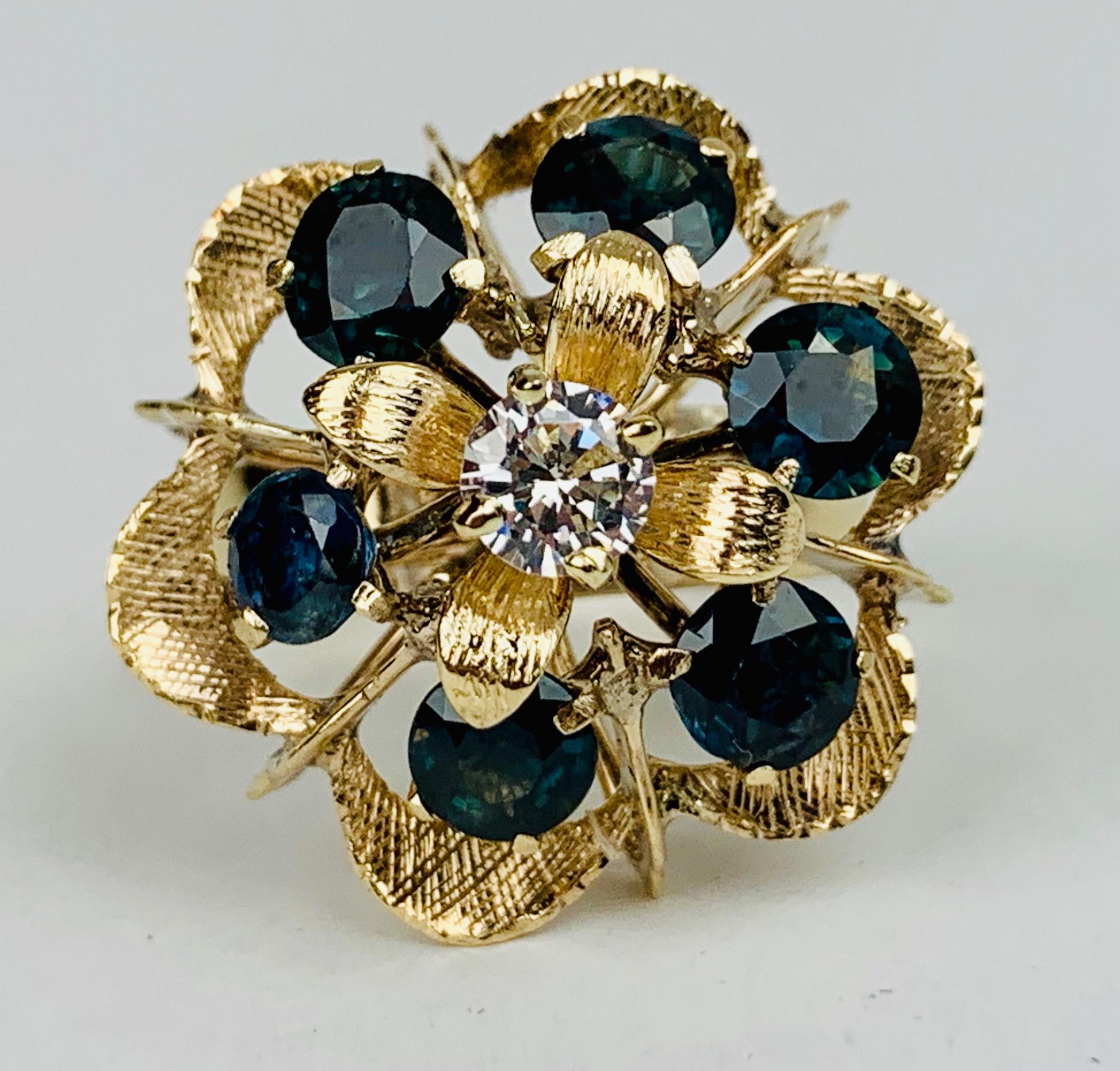 Contemporary Cluster Ring with Six Sapphires-Florentine Finish-18k y.g. For Sale