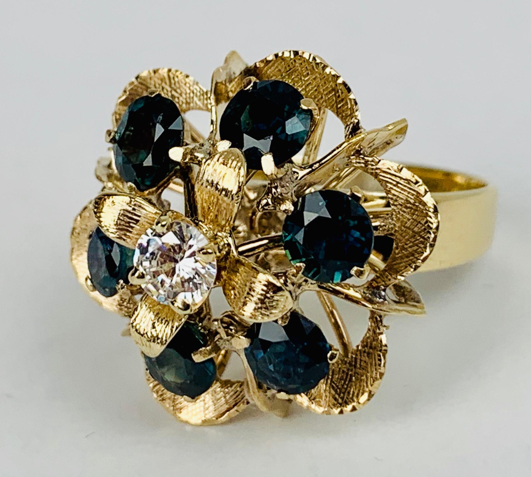 Round Cut Cluster Ring with Six Sapphires-Florentine Finish-18k y.g. For Sale
