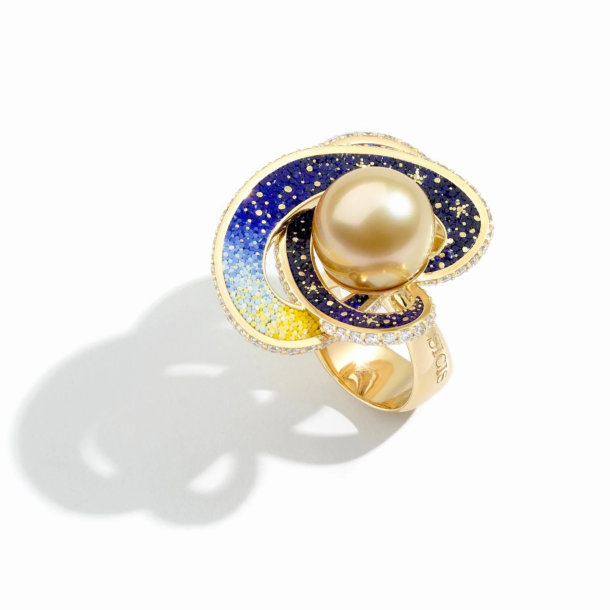 Mixed Cut Cocktail Pearl Ring with White Diamonds and Micromosaic For Sale