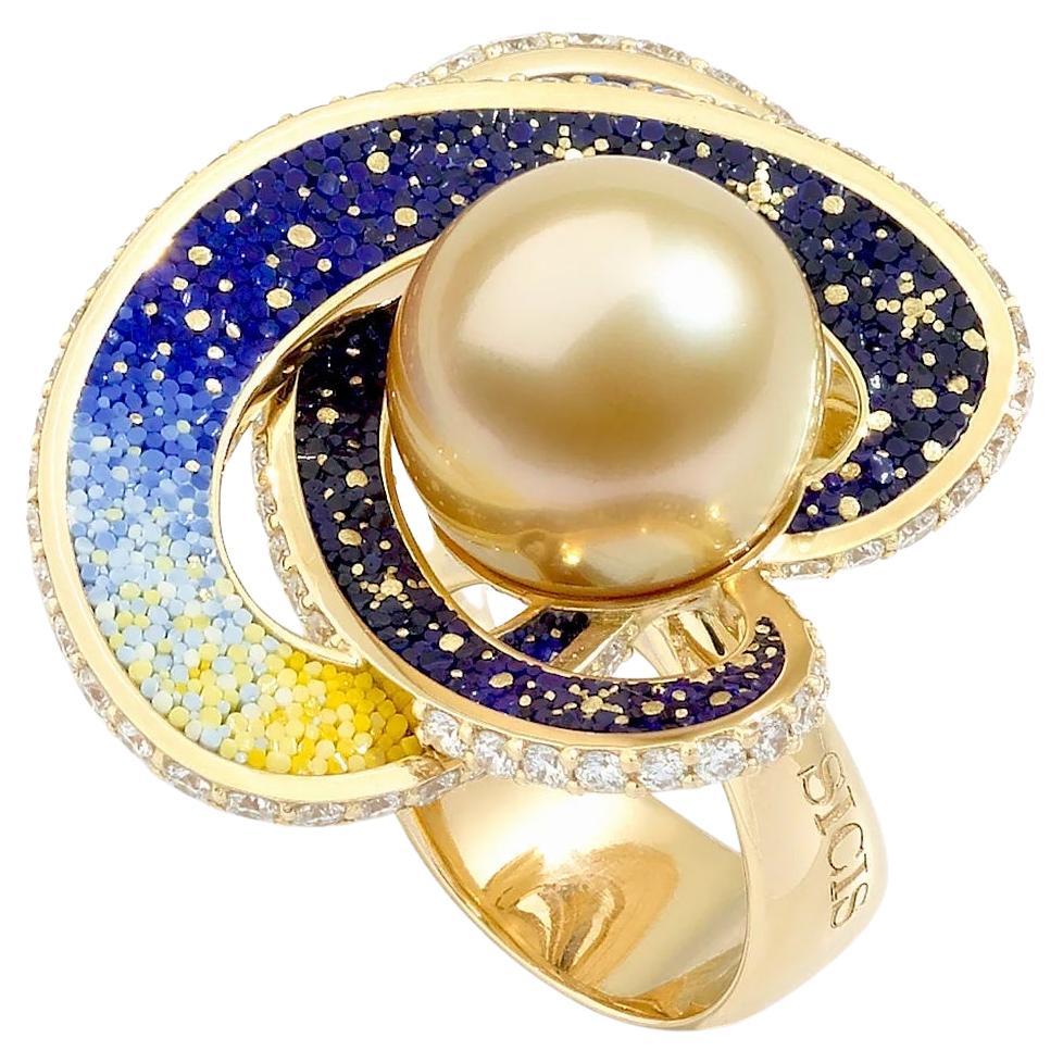 Cocktail Pearl Ring with White Diamonds and Micromosaic