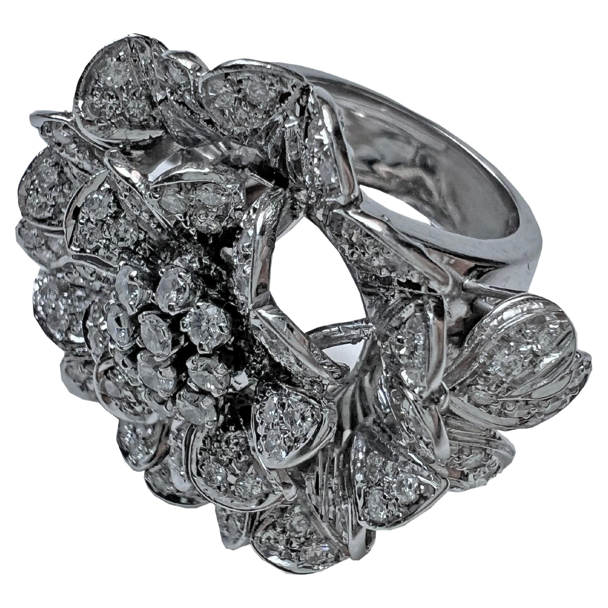 Cocktail Retro ring in 18kt. white gold gr. 28.80 with diamonds for ct. 3.65  For Sale