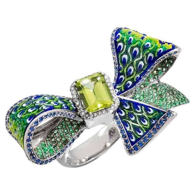 For Sale:  Cocktail Ribbon Ring Peridot White Gold White Diamonds Handdecorated Micromosaic
