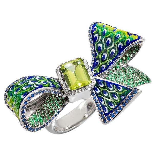 Customizable Cocktail Ribbon Ring with Peridot, White Gold, White ...
