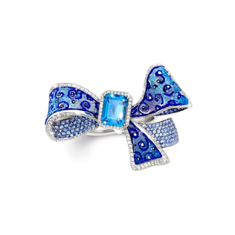 For Sale:  Cocktail Ribbon Ring Topaz White Gold White Diamonds Handdecorated Micromosaic 3