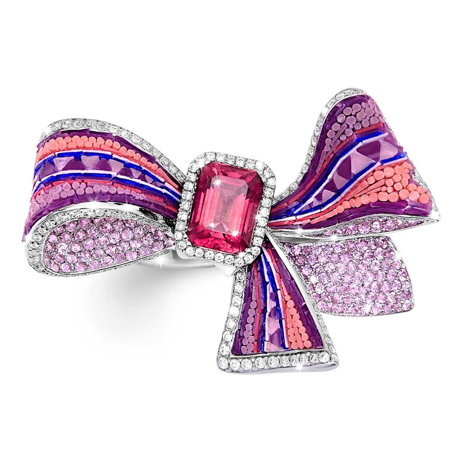 For Sale:  Cocktail Ribbon Ring Tourmaline White Gold White Diamonds Decorated Micromosaic 3