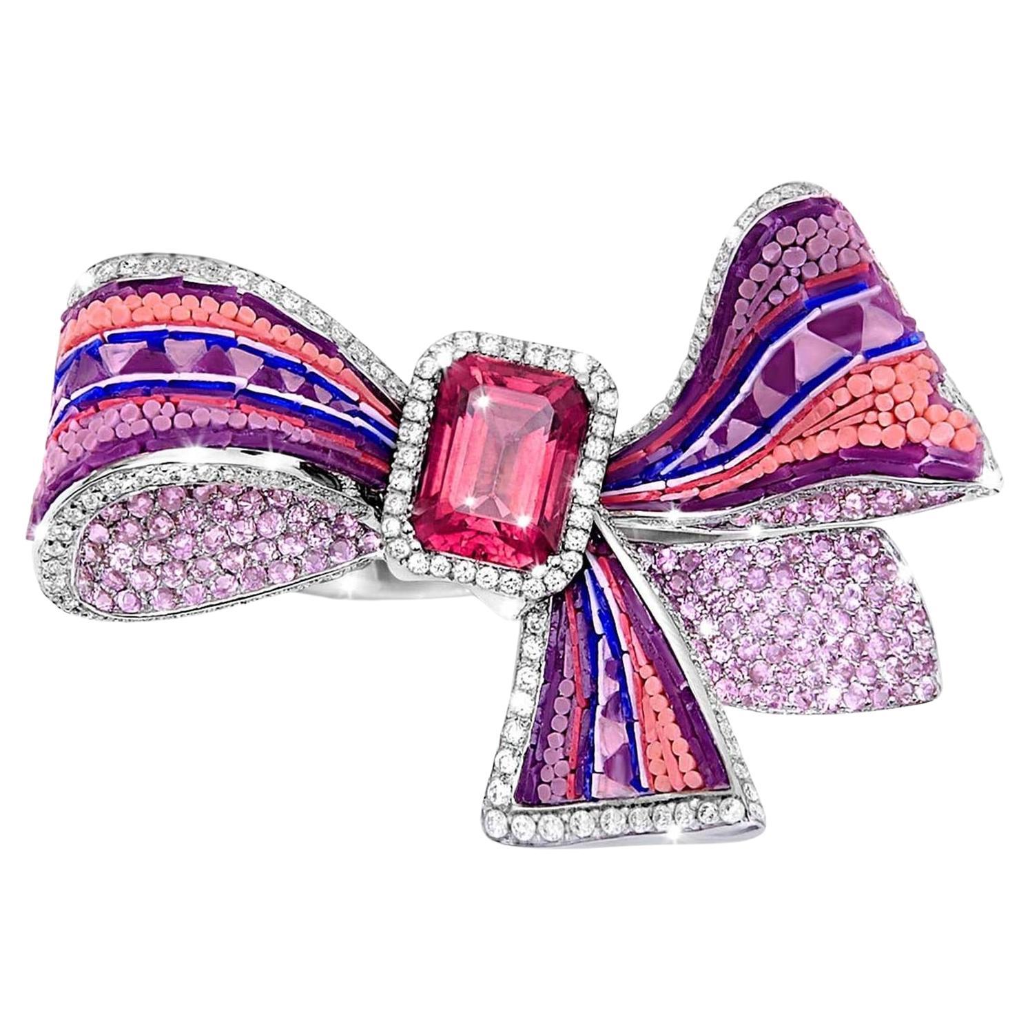 For Sale:  Cocktail Ribbon Ring Tourmaline White Gold White Diamonds Decorated Micromosaic