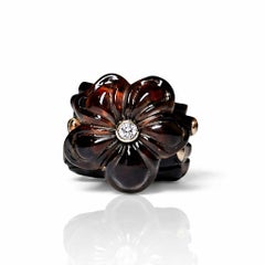 Cocktail Ring 14K Pink Gold, Ebony Wood, 28ct Smoky Quartz Gemstone Flower