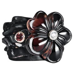 Cocktail Ring 14K Pink Gold, Ebony Wood, 28ct Smoky Quartz Gemstone Flower