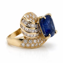 COCKTAIL RING 14K Yellow Gold 8.91 Cts Cushion Blue Sapphire & Diamonds
