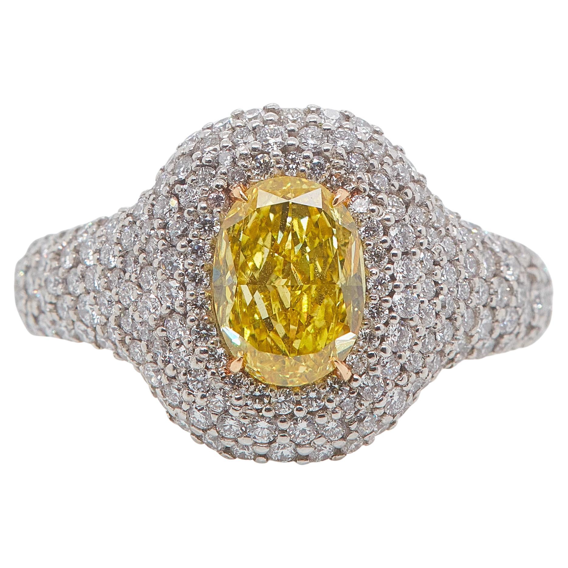 Bague cocktail en diamant jaune vif fantaisie de 1,70 carat de taille ovale, certifi GIA
