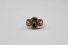 Cocktail Ring 18 Carat Rose Gold Green Sapphire Pink Sapphire and Diamonds