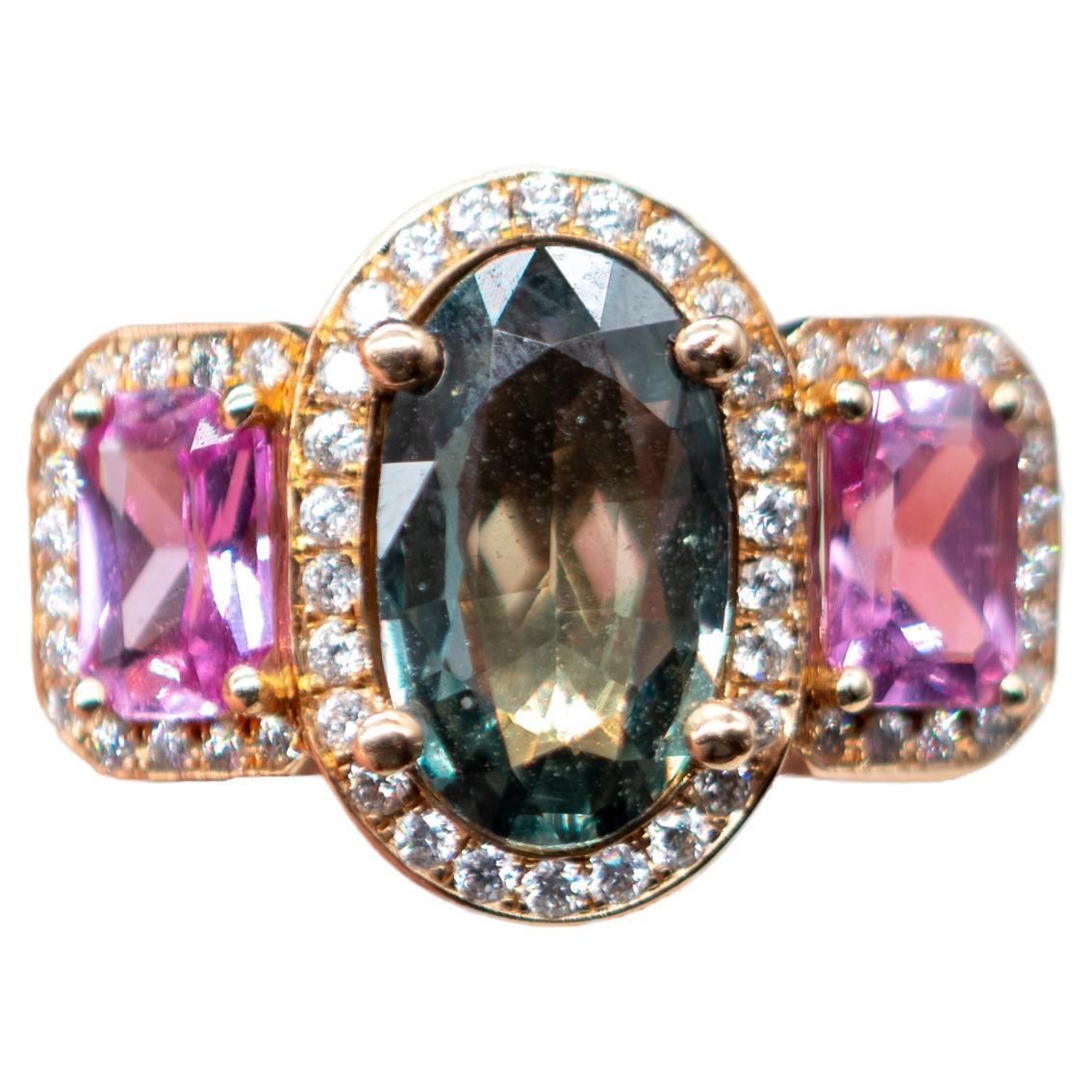 Cocktail Ring 18 Carat Rose Gold Green Sapphire Pink Sapphire and Diamonds For Sale