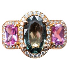 Cocktail Ring 18 Carat Rose Gold Green Sapphire Pink Sapphire and Diamonds