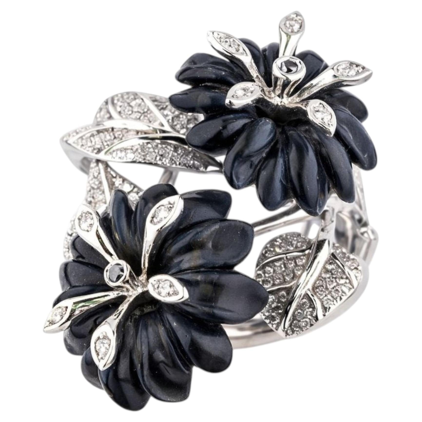 For Sale:  Cocktail Ring 18K White Gold with Hawk's Eye & Diamonds- Handcrafted To Order