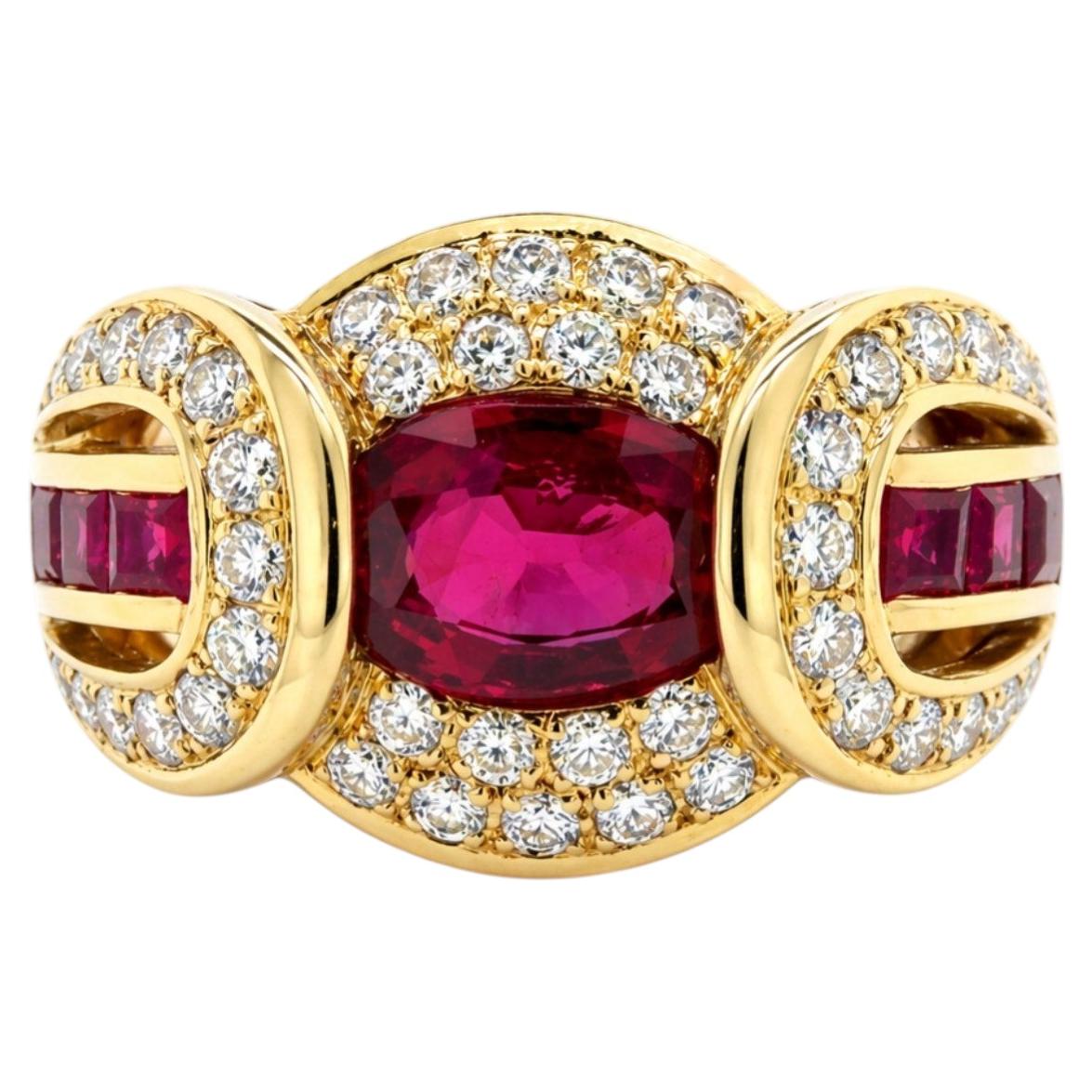 COCKTAIL RING 18K Yellow Gold 1.07 Cwt. Cushion Ruby and Diamonds For Sale