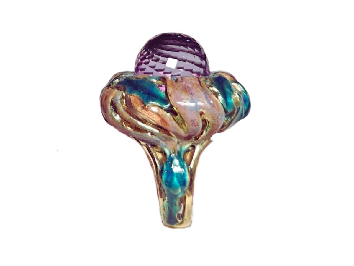 Anillo Cardo Violeta Oro Amarillo de 18 K con Amatista de 27,8 ct y Pinturas de Esmalte Caliente Corte Briolette en venta