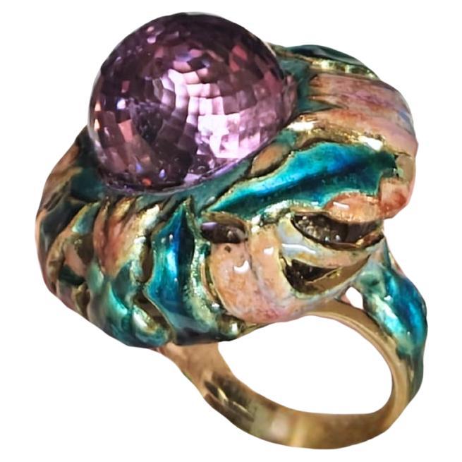 Anello Cardo viola in oro giallo 18 carati con ametista da 27,8 carati e smalti a caldo