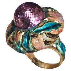 Bague chardon violet en or jaune 18 carats avec améthyste de 27,8 carats et peintures à l
émail chaud