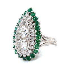 COCKTAIL RING 1960s 14K White Gold 3.35 CTW Diamond & 2.00 Ct Emerald.