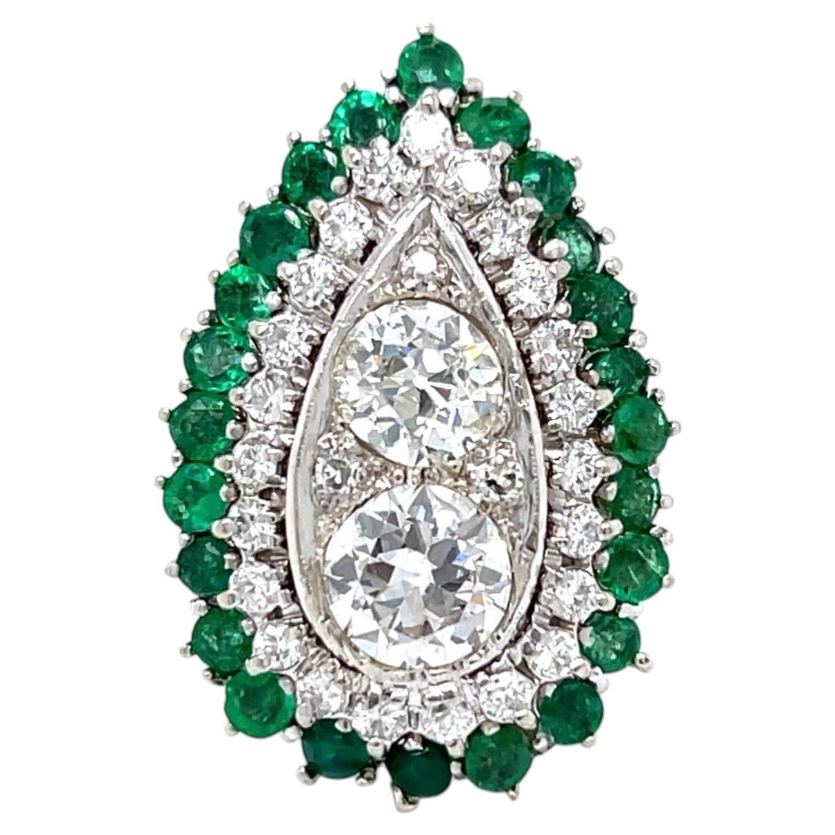 COCKTAIL RING 1960s 14K White Gold 3.35 CTW Diamond & 2.00 Ct Emerald. For Sale