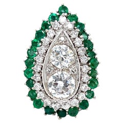 COCKTAIL RING 1960s 14K White Gold 3.35 CTW Diamond & 2.00 Ct Emerald.