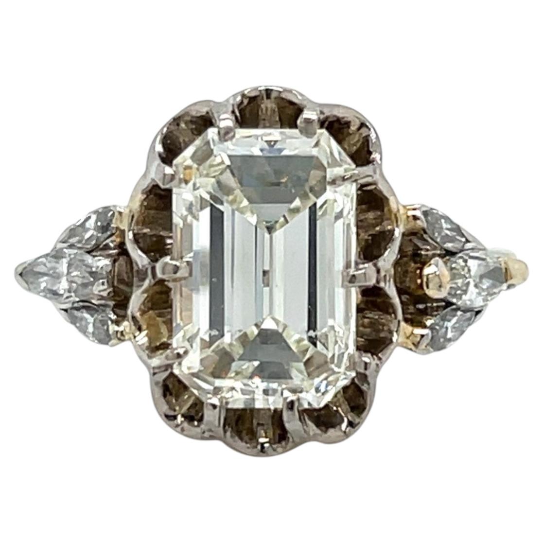 COCKTAIL RING 3.13 CTW Emerald Cut Diamond Filigree Platinum & 18KT Gold