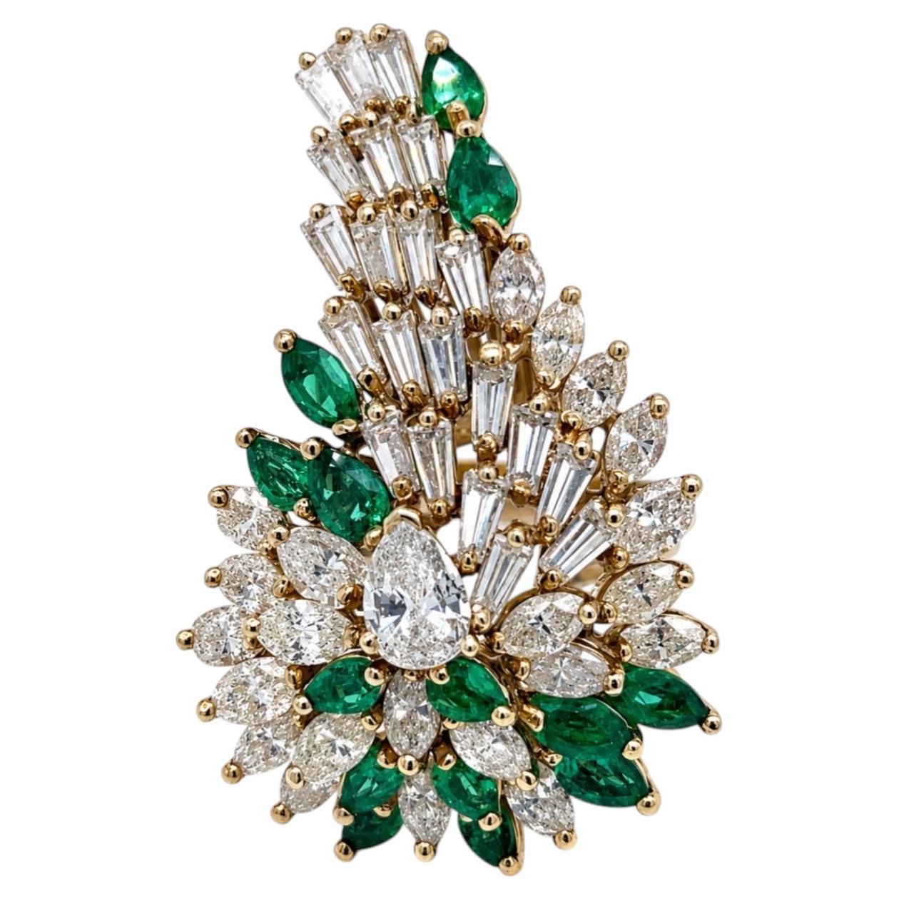 COCKTAIL RING-5.65 Carat Diamond and Emerald Asymmetrical Waterfall Spray . For Sale