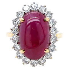COCKTAIL RING 6.00 Carat Oval Ruby Cabochon & 1.15 CTW Diamond Halo in 18K Gold