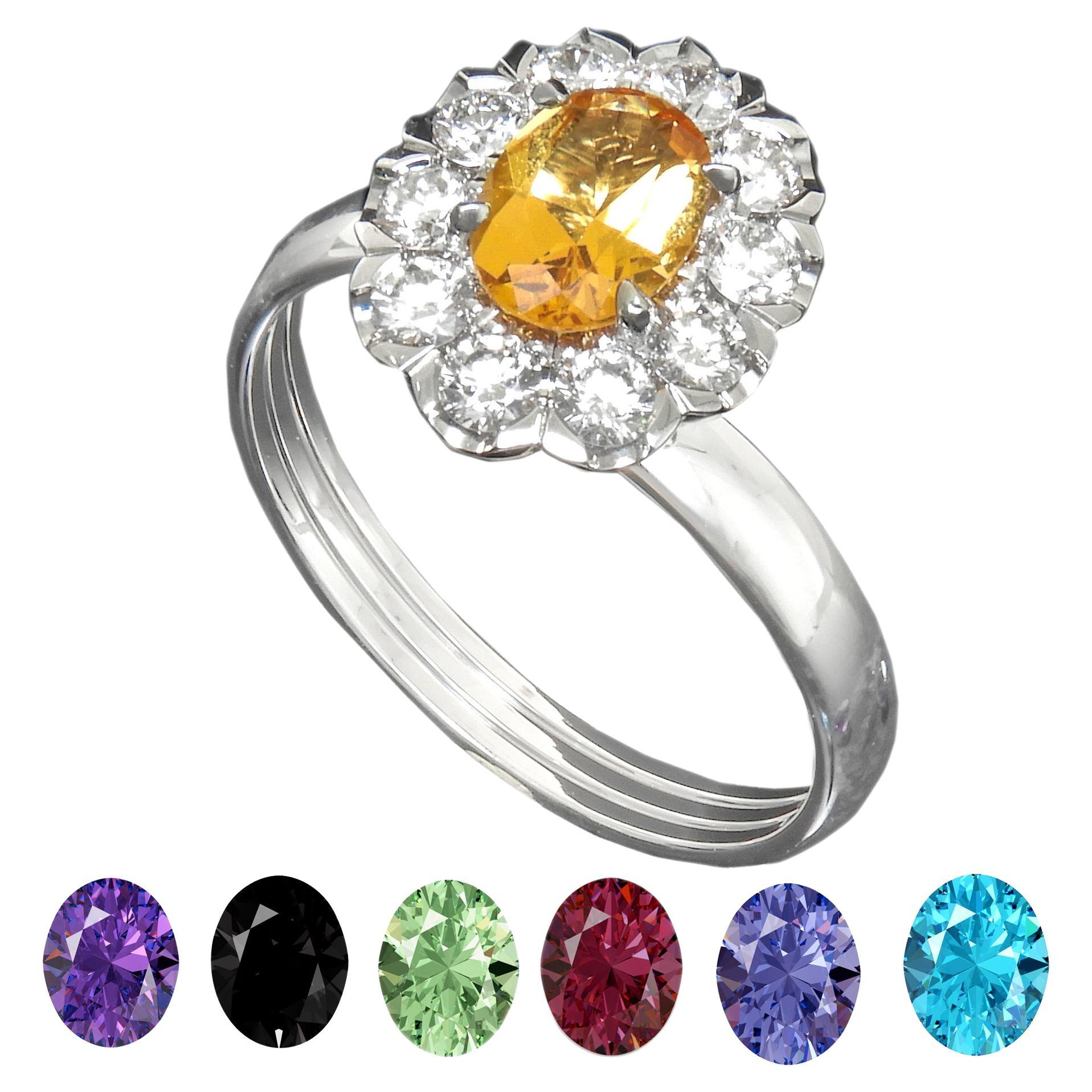 Cocktail Ring 7 Changeable Gemstones 14 Karat White Gold Oval Shape 