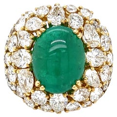 COCKTAIL Ring-9.00 Carat Natural Cabochon Emerald and 7.20 CTW Mixed-Cut Diamond