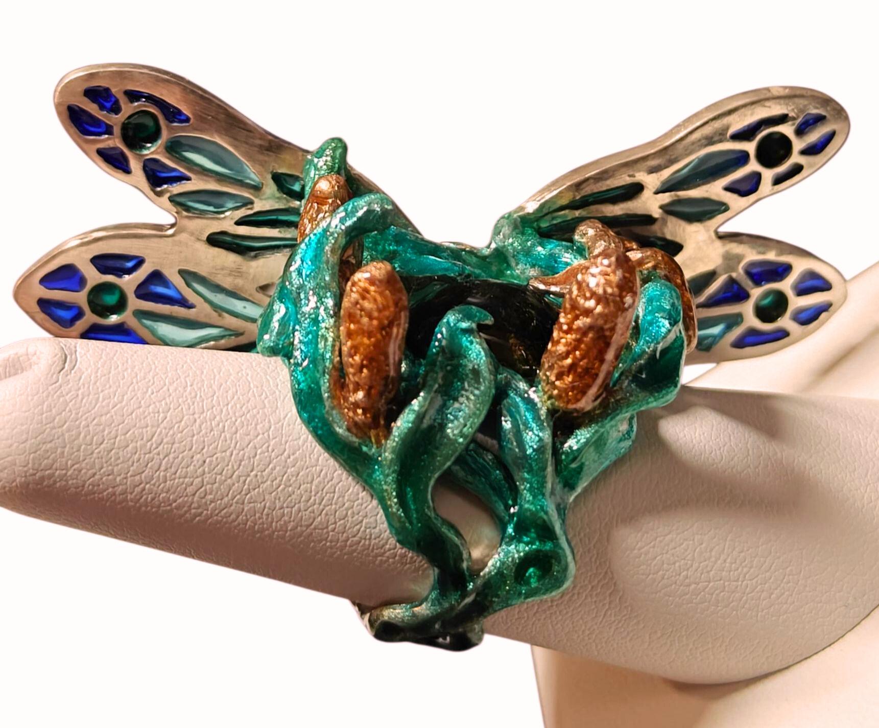 Cabochon Cocktail Ring 960 ring Hot Enamel & Green Tourmaline Gemstone For Sale