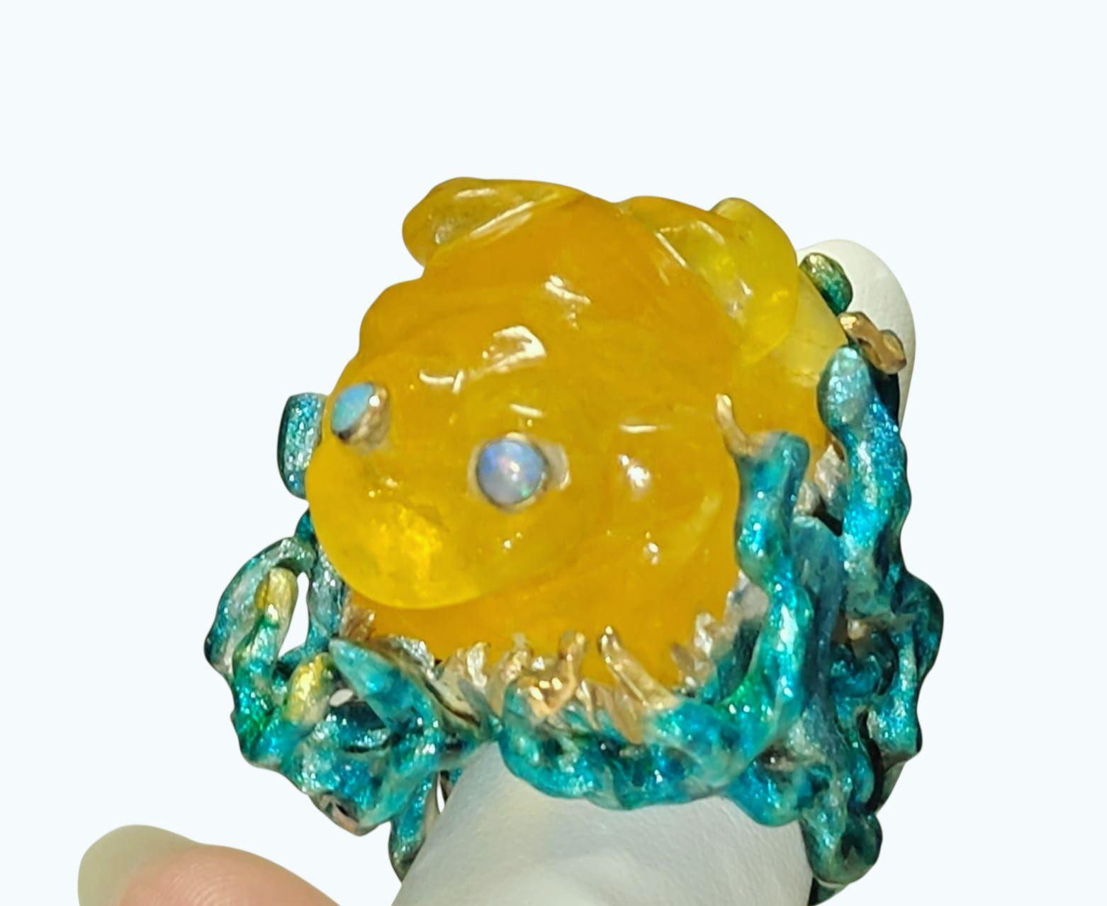 Taglio misto Anello Cocktail 960 A. Silver Smalto a caldo 100 Ct. Lepidolite gialla e gemme di opale in vendita