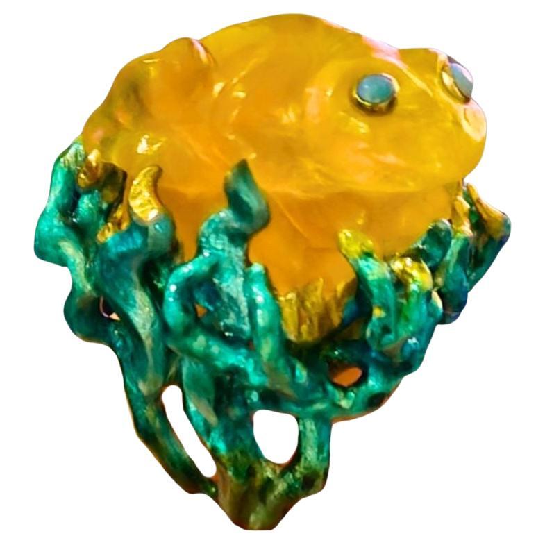 Anello Cocktail 960 A. Silver Smalto a caldo 100 Ct. Lepidolite gialla e gemme di opale