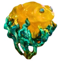 Cocktail Ring 960 Silver Hot Enamel 100 Ct. Yellow Lepidolite & Opal Gemstones