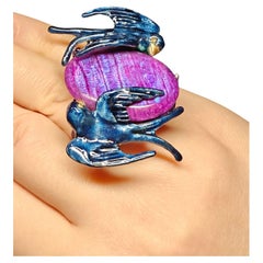 Cocktail Ring 960 Silver Hot Enamel 33 Ct. handcarved Purple Moonstone gemstone