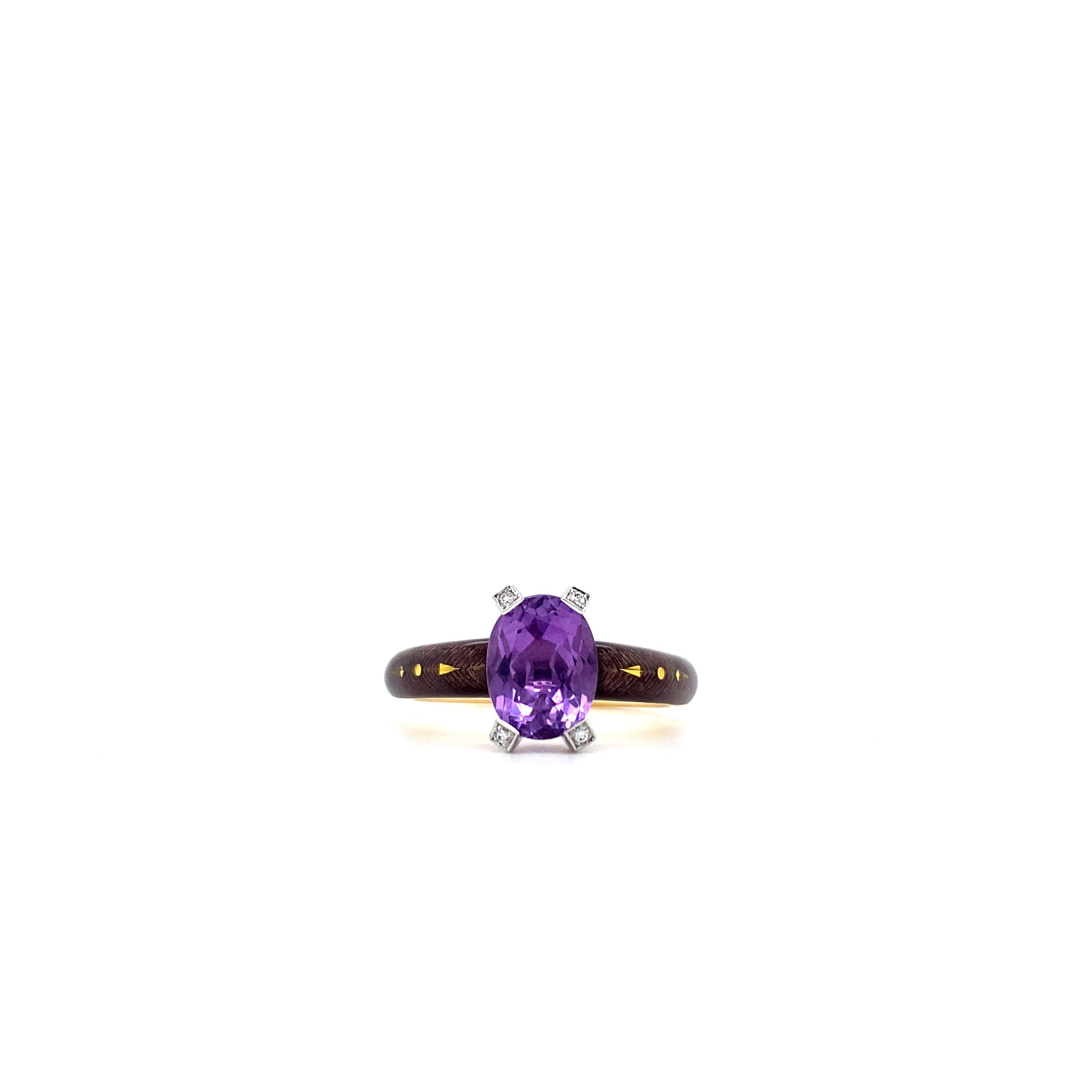 Victor Mayer Cocktail Ring, 18k Yellow Gold and White Gold, Vitreous Enamel, 4 Diamonds, Amethyst

This cocktail ring unites 18k yellow and white gold with a vivid amethyst framed by purple vitreous enamel. Four G VS brilliant-cut diamonds with a