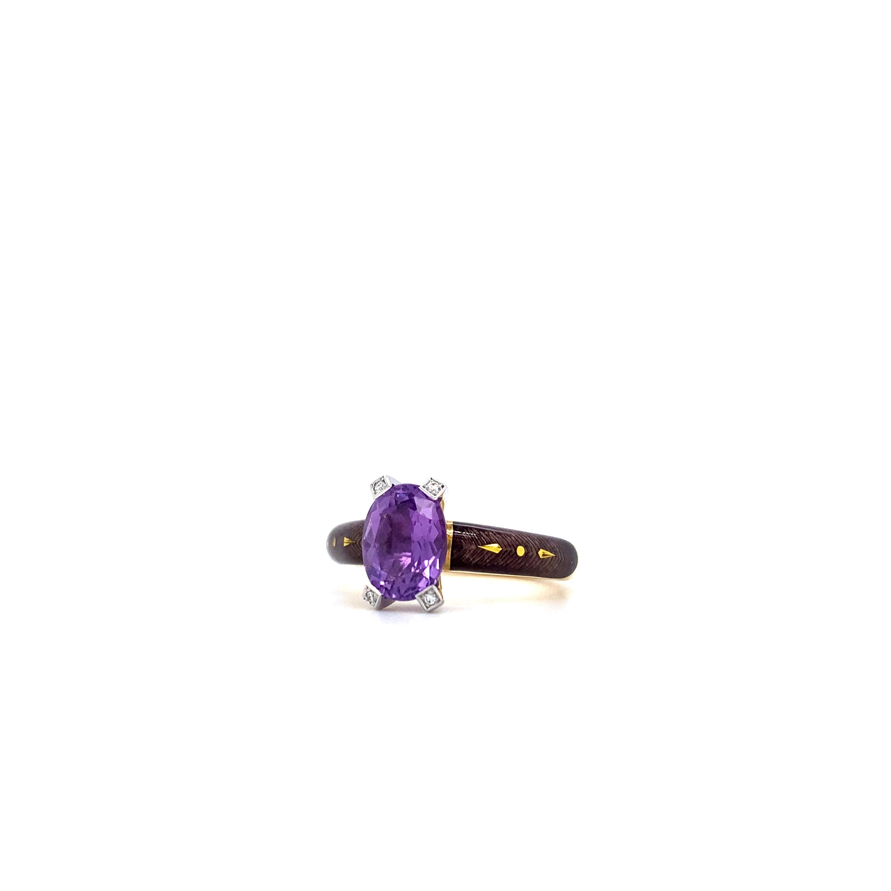 Bague cocktail, améthyste, émail vitrifié violet, or jaune 18 carats, 4 diamants en vente 1