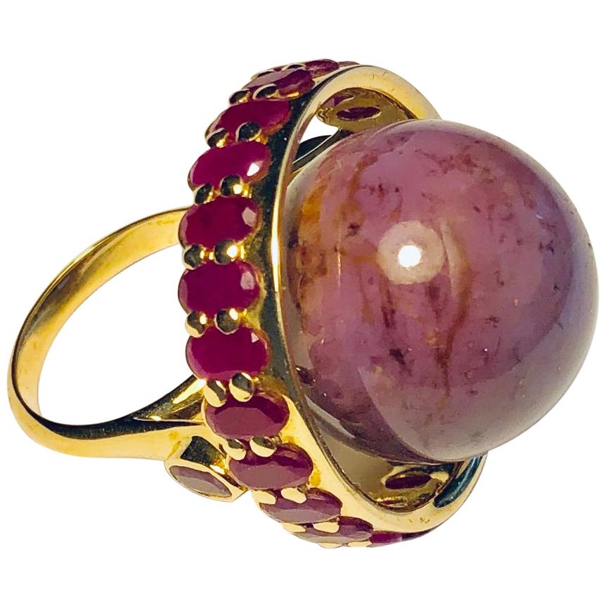 Cocktail Ring Anne Bourat Jade  26 Rubies 10, 7 Grams Yellow Gold 18k  Metric 54  For Sale