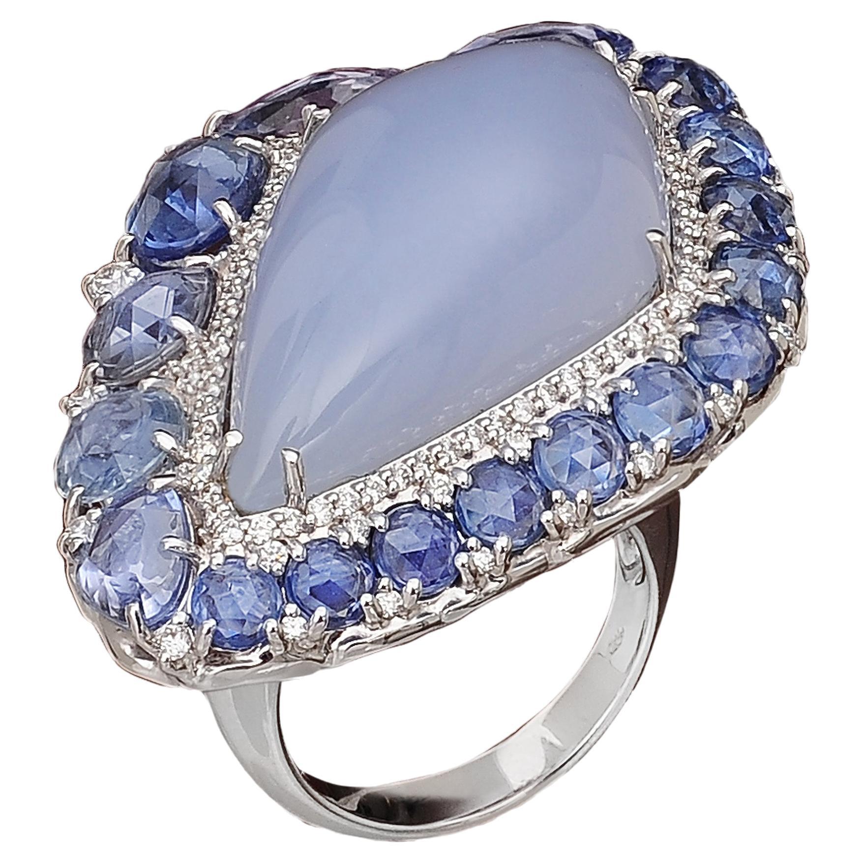 Cocktail Ring Arcobaleno with Diamonds, Blue Sapphires and Calcedony For Sale