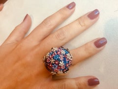 Sicis Jewels Black Gold Cocktail Ring with White & Black Diamonds with Sapphires