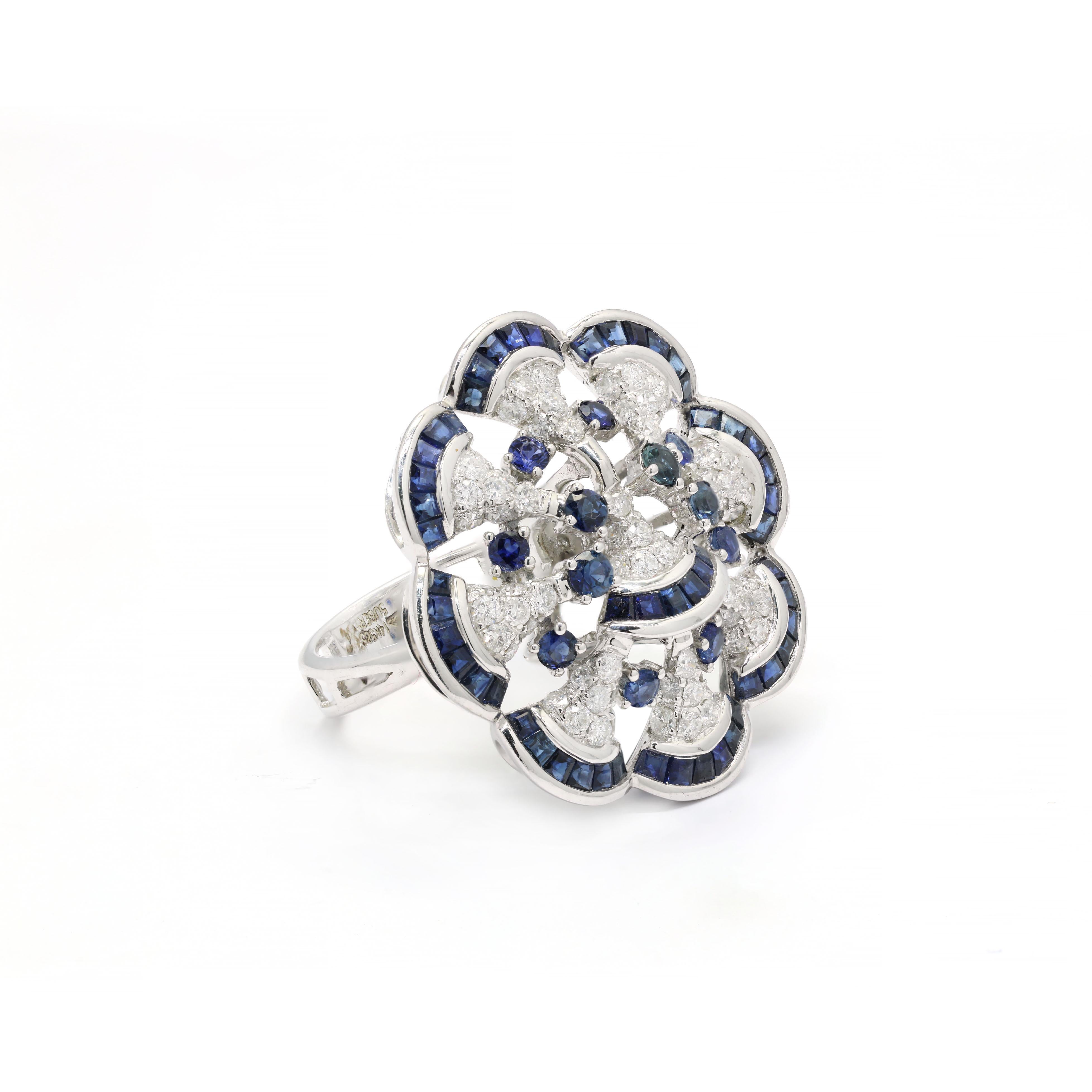 For Sale:  Cocktail Ring Blue Sapphire and Diamond Ring in 14K White Gold 3