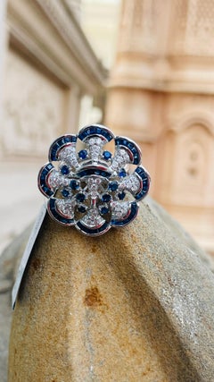 Cocktail Ring Blue Sapphire and Diamond Ring in 14K White Gold
